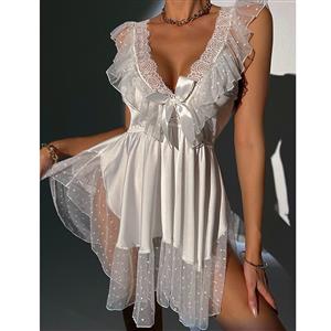 Sexy and Fancy White Lace See-through V Neck Mini Dress Lingerie N23212