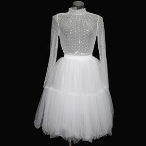 Sexy White Polka Dots Sheer Soft Yarn Stand Collar Long Sleeve Blouse Tulle Skirt Set N20252