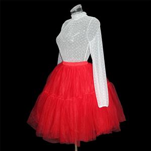 Sexy White Polka Dots Sheer Soft Yarn Stand Collar Long Sleeve Blouse Tulle Skirt Set N20253