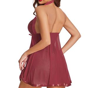 Sexy Wine-red Lace Mesh Hanging Neck Bowknot Backless Babydoll Sleepwear Lingerie N23390