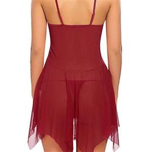Sexy Wine-red Lace Mesh Low-bra Spaghetti Straps Backless Babydoll Sleepwear Lingerie N23168