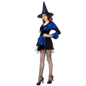 Sexy Gothic Witch Puff Sleeve Mini Dress Adult Halloween Cosplay Costume with Hat N19441