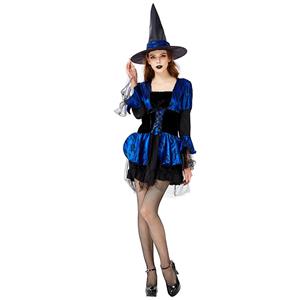 Sexy Gothic Witch Puff Sleeve Mini Dress Adult Halloween Cosplay Costume with Hat N19441