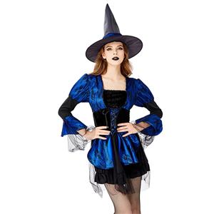 Sexy Gothic Witch Puff Sleeve Mini Dress Adult Halloween Cosplay Costume with Hat N19441