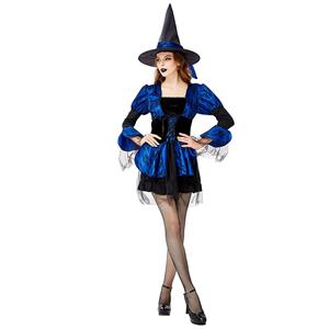 Sexy Gothic Witch Puff Sleeve Mini Dress Adult Halloween Cosplay Costume with Hat N19441