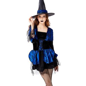 Sexy Gothic Witch Puff Sleeve Mini Dress Adult Halloween Cosplay Costume with Hat N19441