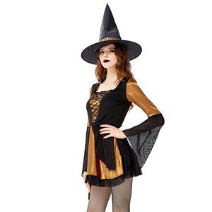 Sexy Gothic Witch Long Flared Sleeve Mini Dress Adult Halloween Cosplay Costume with Hat N19442