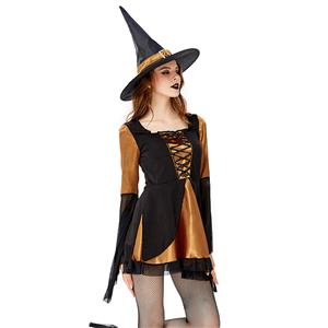 Sexy Gothic Witch Long Flared Sleeve Mini Dress Adult Halloween Cosplay Costume with Hat N19442