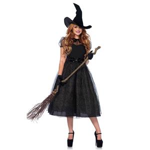 Gothic Black Witch Multi-layered Mesh Belted Dress Adult Halloween Costume with Hat N19553