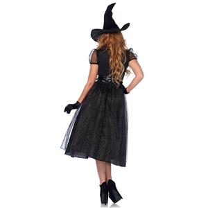 Gothic Black Witch Multi-layered Mesh Belted Dress Adult Halloween Costume with Hat N19553