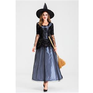 Sexy Gothic Witch Square Neck Lace-up Maxi Dress Adult Halloween Costume with Hat N19921