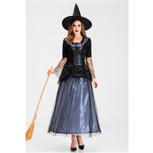 Sexy Gothic Witch Square Neck Lace-up Maxi Dress Adult Halloween Costume with Hat N19921