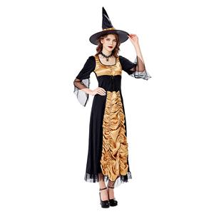 Sexy Gothic Witch Flared Sleeve Maxi Dress Adult Halloween Cosplay Costume With Hat N20739