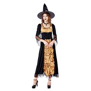 Sexy Gothic Witch Flared Sleeve Maxi Dress Adult Halloween Cosplay Costume With Hat N20739