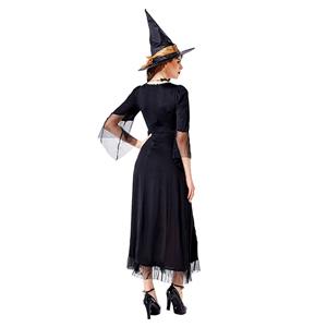 Sexy Gothic Witch Flared Sleeve Maxi Dress Adult Halloween Cosplay Costume With Hat N20739