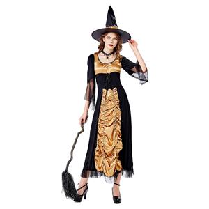 Sexy Gothic Witch Flared Sleeve Maxi Dress Adult Halloween Cosplay Costume With Hat N20739