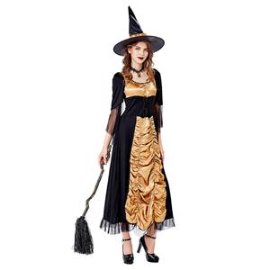 Sexy Gothic Witch Flared Sleeve Maxi Dress Adult Halloween Cosplay Costume With Hat N20739