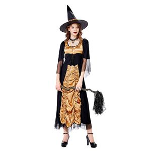 Sexy Gothic Witch Flared Sleeve Maxi Dress Adult Halloween Cosplay Costume With Hat N20739