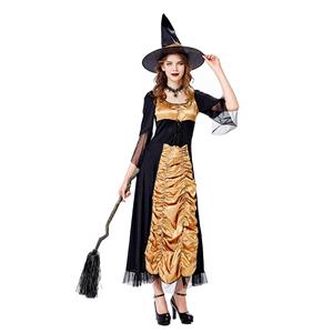 Sexy Gothic Witch Flared Sleeve Maxi Dress Adult Halloween Cosplay Costume With Hat N20739