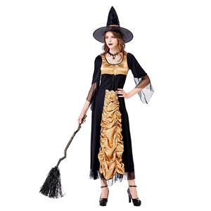 Sexy Gothic Witch Flared Sleeve Maxi Dress Adult Halloween Cosplay Costume With Hat N20739