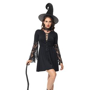 Black Vintage Witch Costume, Vintage Witch Halloween Party Dress, Sexy Black Witch Costume, Fashion Black Witch Women Costume, Sexy Witch Lace Long Sleeve Hollow Out Lace-up Dress Adult Halloween Cosplay Costume#N23239