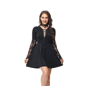 Sexy Witch Long Sleeve Hollow Out Lace-up Dress Adult Halloween Cosplay Costume N23239