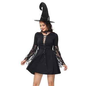 Sexy Witch Long Sleeve Hollow Out Lace-up Dress Adult Halloween Cosplay Costume N23239