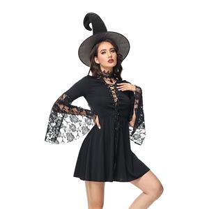 Sexy Witch Long Sleeve Hollow Out Lace-up Dress Adult Halloween Cosplay Costume N23239