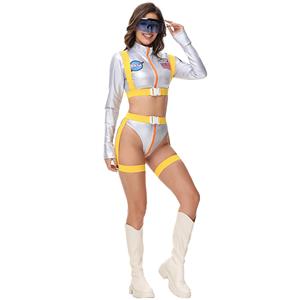 Sexy astronaut costume for women, NASA-themed outfit, Adjustable suspenders set, Clubwear costume, High-waisted sexy thong, Matching belt and glasses, Cosplay space suit, Halloween party costume, Futuristic sexy costume, Women's cropped top with patches #N23776