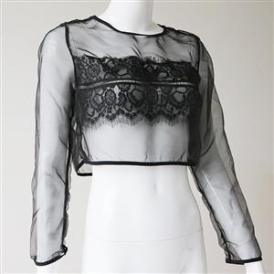 Sexy See-through Mesh and Floral Lace Long Sleeve Crop Top Underwear N19279