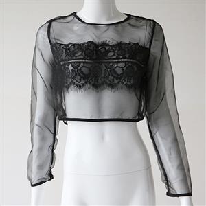 Sexy See-through Mesh and Floral Lace Long Sleeve Crop Top Underwear N19279