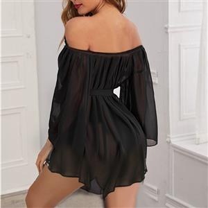 Sexy See-through Long Sleeve Chiffon Irregular Trim Thin Nightgown With G-string N20184