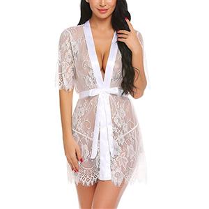 Charming See-through Floral Lace Self-tying Thin Nightgown Bathrobe with Sash N18927