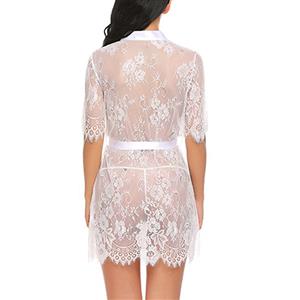 Charming See-through Floral Lace Self-tying Thin Nightgown Bathrobe with Sash N18927