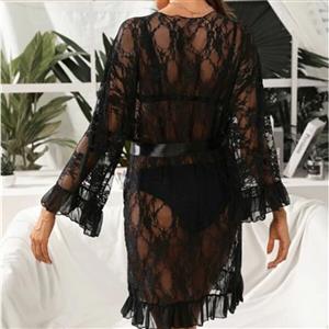 Sexy See-through Floral Lace Open Chest Thin Nightgown Bathrobe With Sash N20721