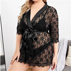 Plus Size Black Charming See-through Lace-up Floral Lace Thin Nightgown Bathrobe N22426