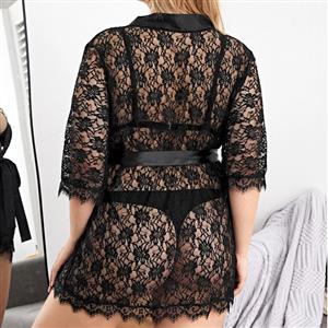 Plus Size Black Charming See-through Lace-up Floral Lace Thin Nightgown Bathrobe N22426