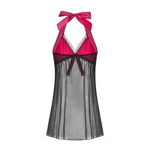 Sexy Black Sheer Mesh Pink Bodice Low-cut Halterneck Backless Babydoll Lingerie N19228