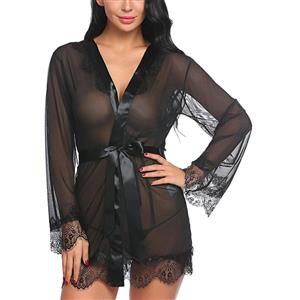 Sexy Sheer Mesh Floral Lace Flare Sleeve Thin Nightgown Bathrobe with Sash N18921