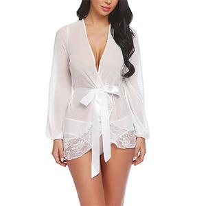 Sexy Sheer Mesh Lace-up Detail Lace Trim Self-tying Thin Nightgown Bathrobe with Sash N18925