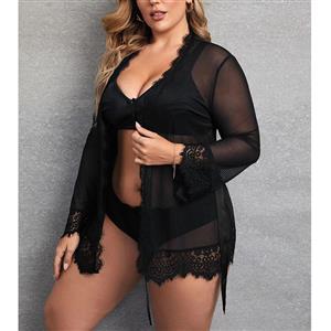 Plus Size Charming See-through Mesh Thin Lace Trim Nightgown Bathrobe with Sash N21808