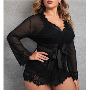 Plus Size Charming See-through Mesh Thin Lace Trim Nightgown Bathrobe with Sash N21808