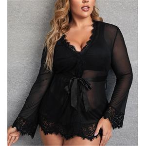 Plus Size Charming See-through Mesh Thin Lace Trim Nightgown Bathrobe with Sash N21808