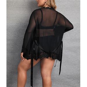 Plus Size Charming See-through Mesh Thin Lace Trim Nightgown Bathrobe with Sash N21808