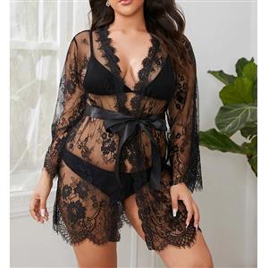 Plus Size Charming See-through Floral Lace Thin Open Robe Nightgown Bathrobe with Sash N21809