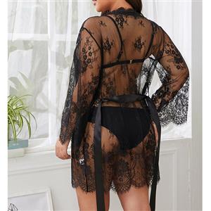 Plus Size Charming See-through Floral Lace Thin Open Robe Nightgown Bathrobe with Sash N21809