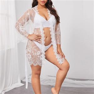 Plus Size Sexy See-through Floral Lace Thin Open Robe Nightgown Bathrobe with Sash N22216