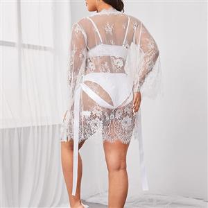 Plus Size Sexy See-through Floral Lace Thin Open Robe Nightgown Bathrobe with Sash N22216