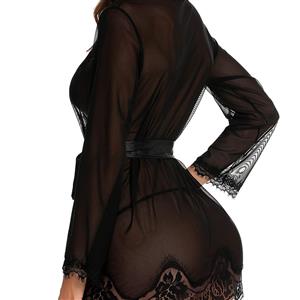 Charming Black See-through Mesh Thin Nightgown Bathrobe and Thong N23044