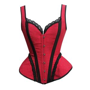 Victorian Gothic Red Wide Shoulder Straps Jacquard Plastic Bone Shapewear Overbust Corset N21547